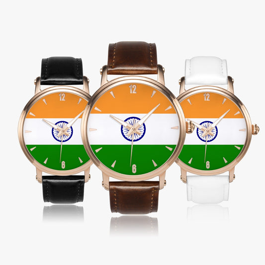 India Pride Premium Leather Men's Watch - Silver / Rose Gold / Black