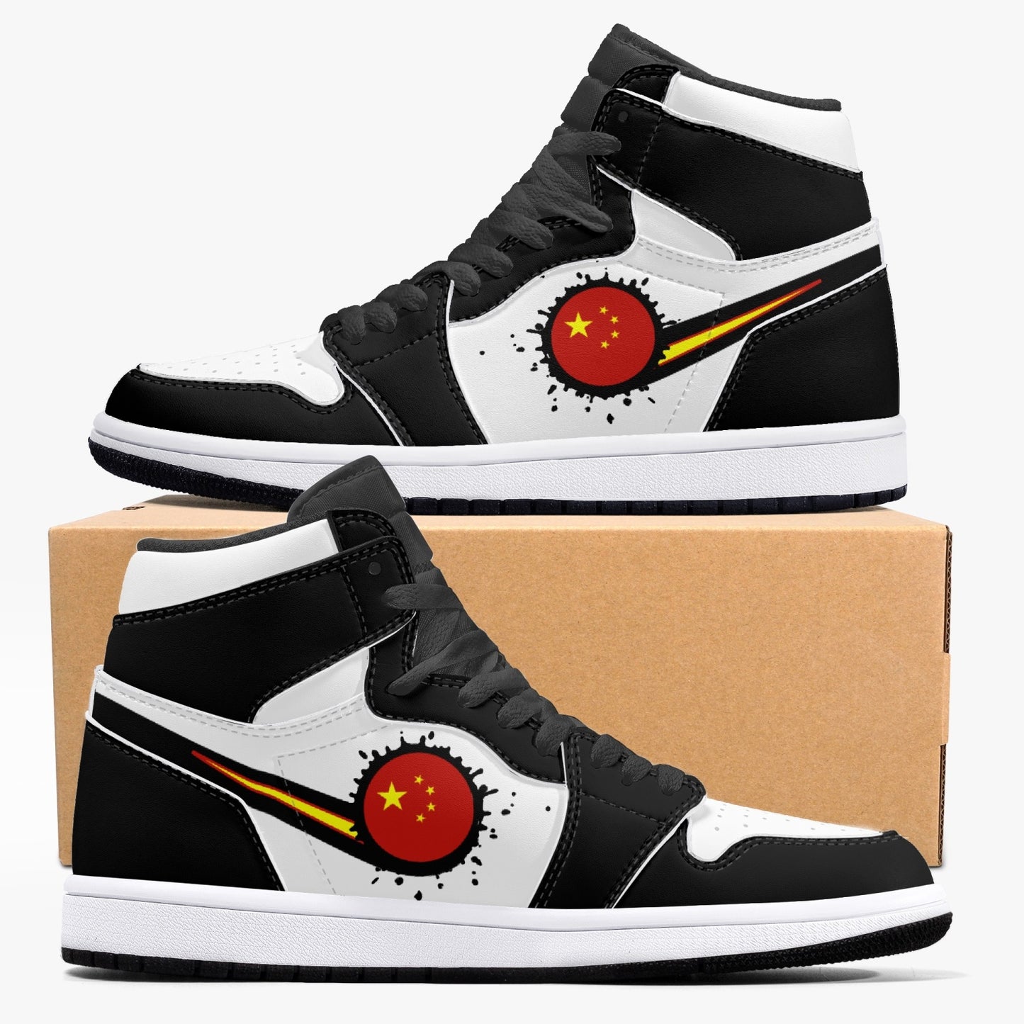 Air China Splattered Icon Black/White High Tops (Black Sole) - Men's & Women's