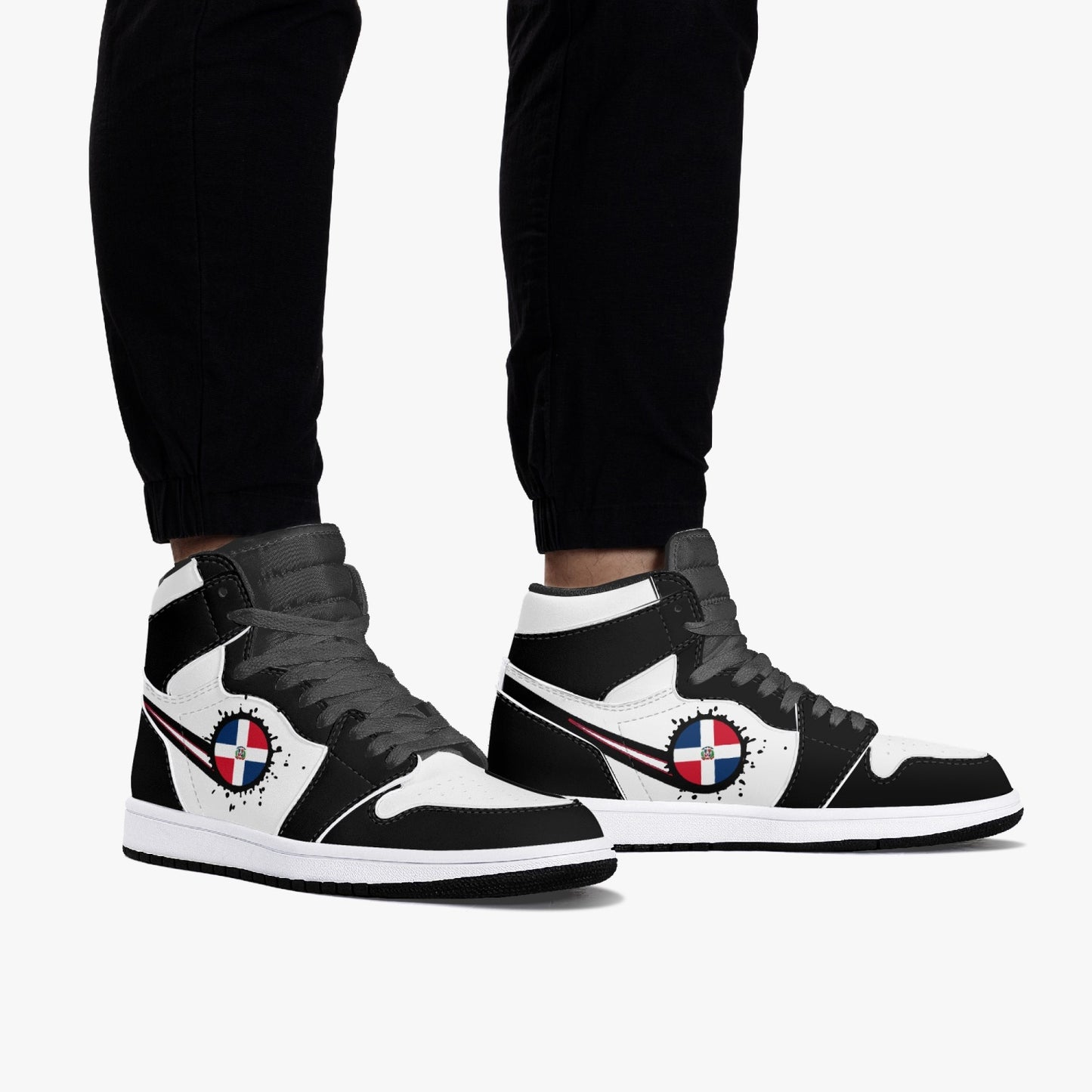 Air Dominican Splattered Icon Black/White High Tops (Black Sole) - Men's & Women's