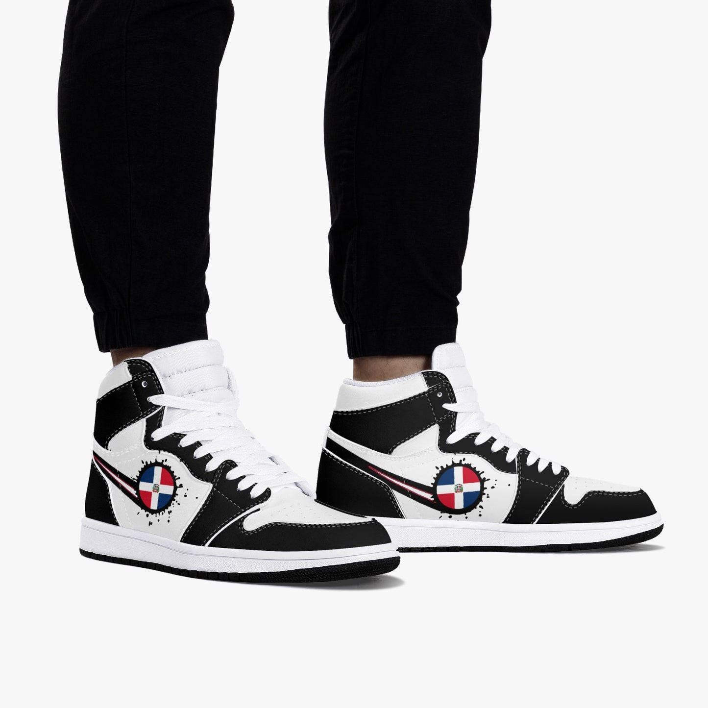 Air Dominican Splattered Icon Black/White High Tops (Black Sole) - Men's & Women's