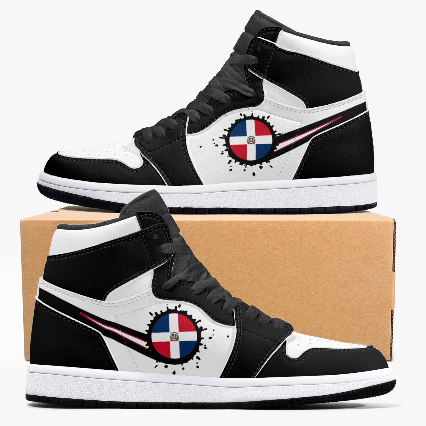 Air Dominican Splattered Icon Black/White High Tops (Black Sole) - Men's & Women's