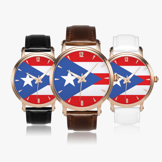 Puerto Rico Pride Premium Leather Men's Watch - Silver / Rose Gold / Black