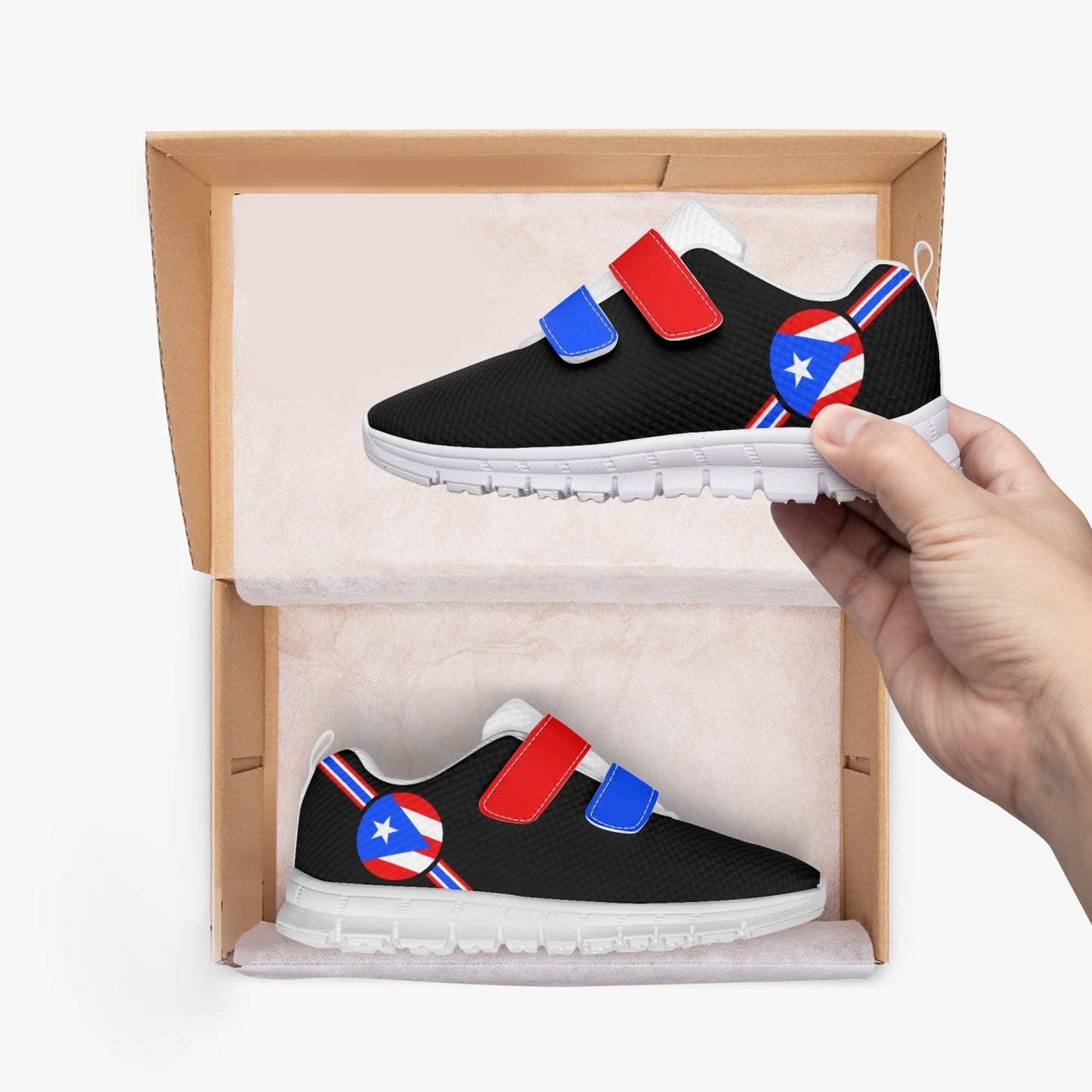 Puerto Rico Pride Kid's Lightweight Velcro Mesh Sneaker - Black